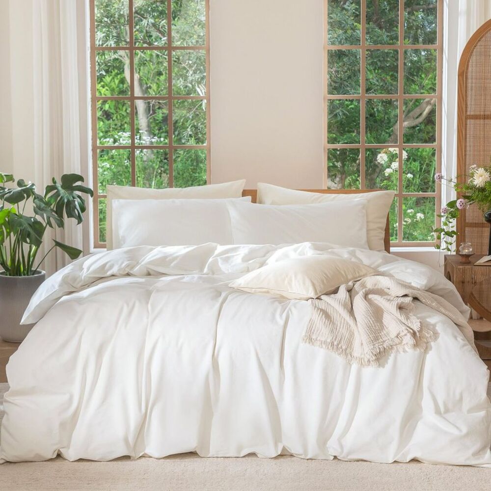 MooMee Full Duvet Cover Set White 100% Washed Cotton Linen Look 80x90
